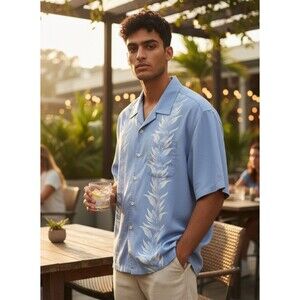 Retro Bowling Camp Shirt Munsingwear Penguin Blue Hawaiian Leaf Panel XL